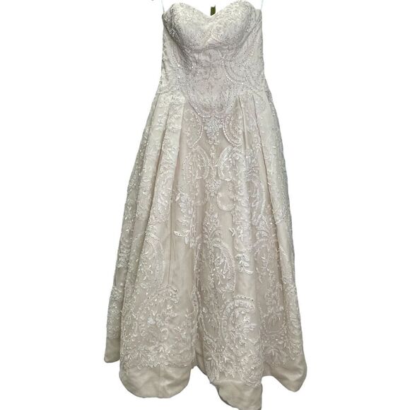 Oleg Cassini Beaded Lace Tulle Strapless Wedding Gown Formal Size 10 - Picture 4 of 11